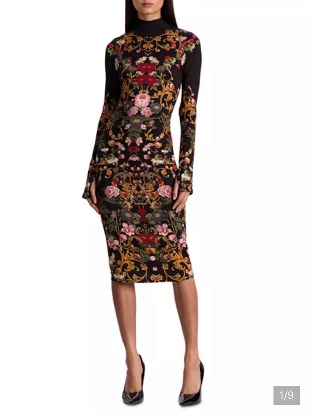 Black Floral-Print Long-Sleeve Midi Dress